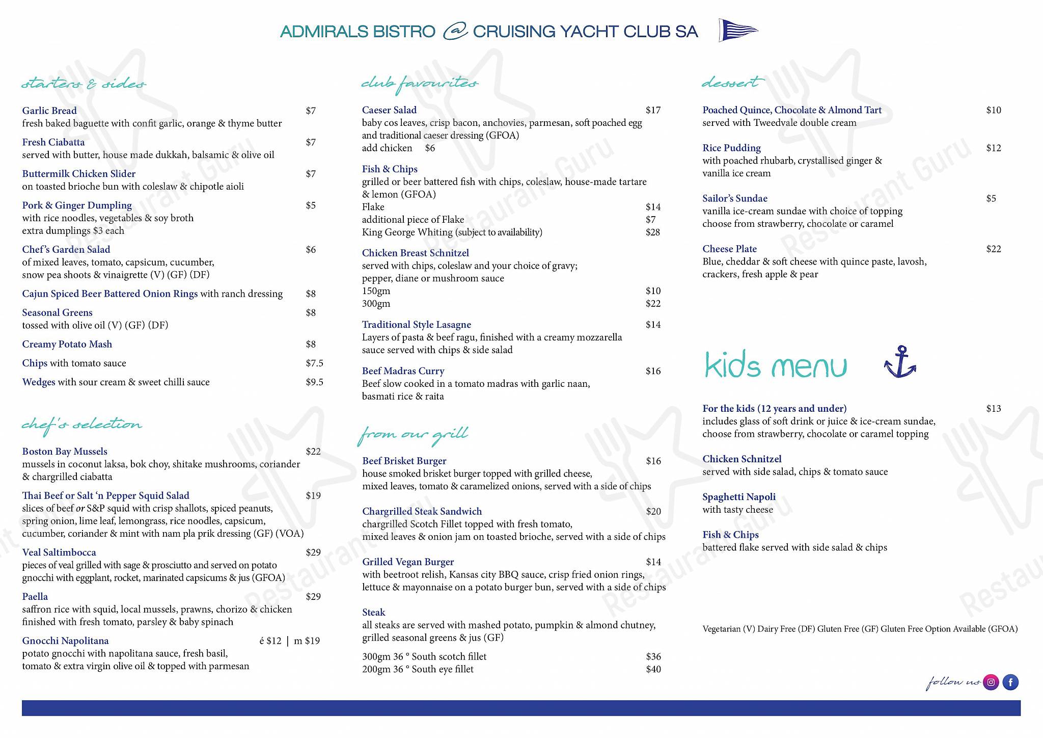 cruising yacht club of south australia menu