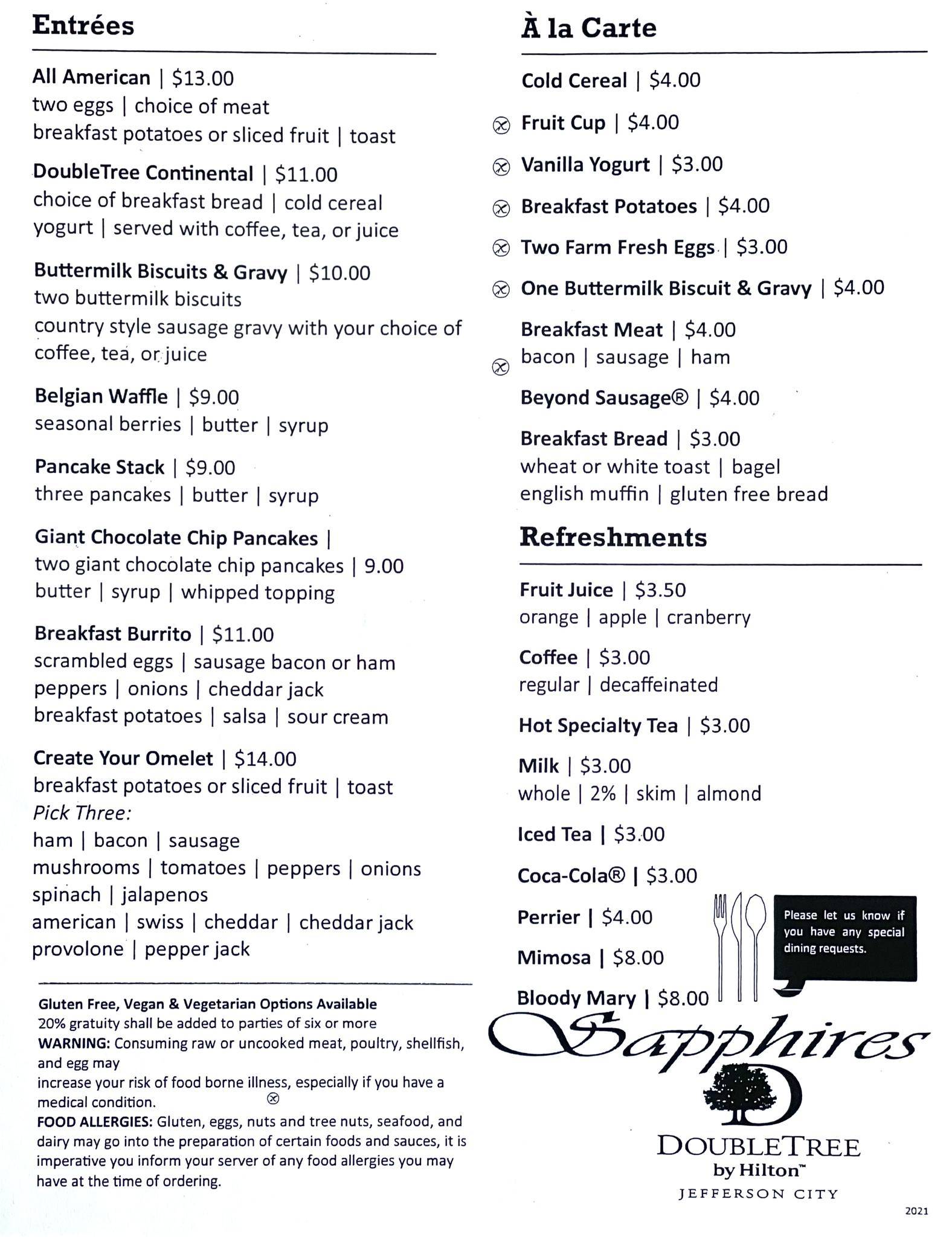 Menu at Sapphires Restaurant & Lounge at DoubleTree by Hilton Hotel ...