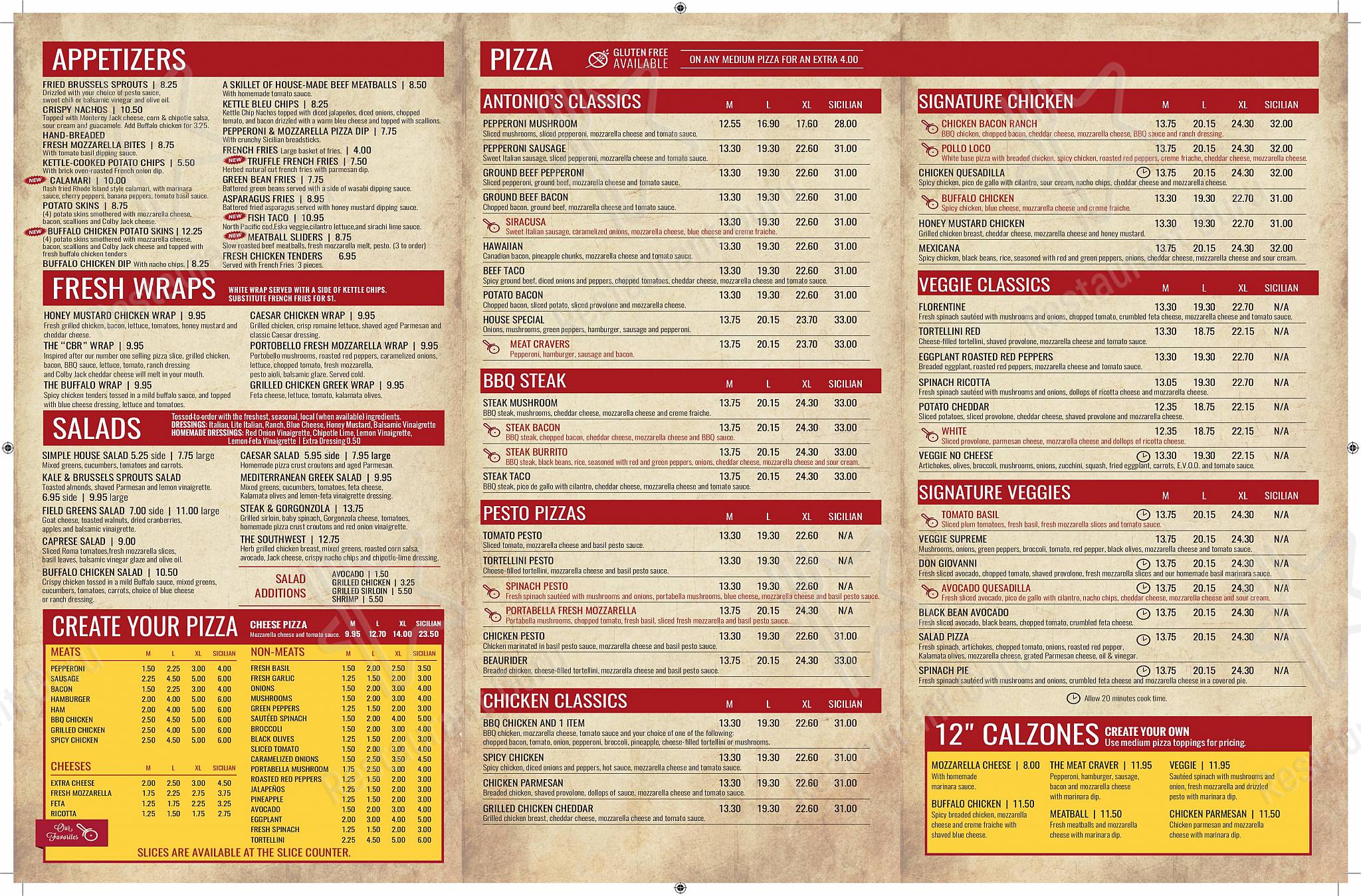 Antonio's pizza and pasta menu
