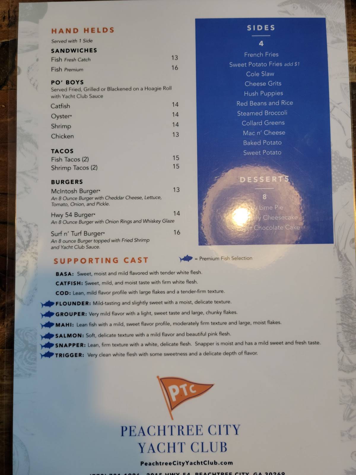 Peachtree City Yacht Club menu