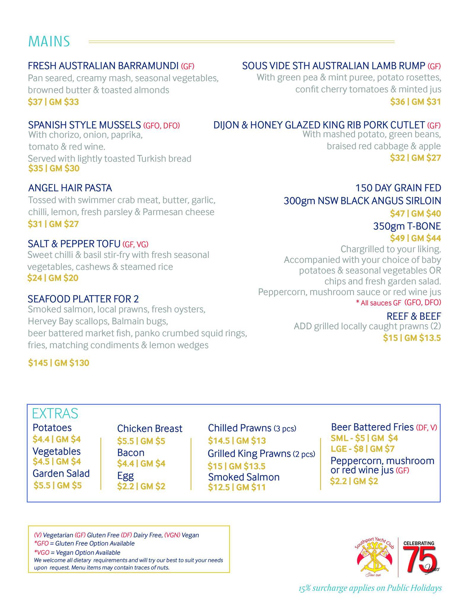 Southport Yacht Club menu
