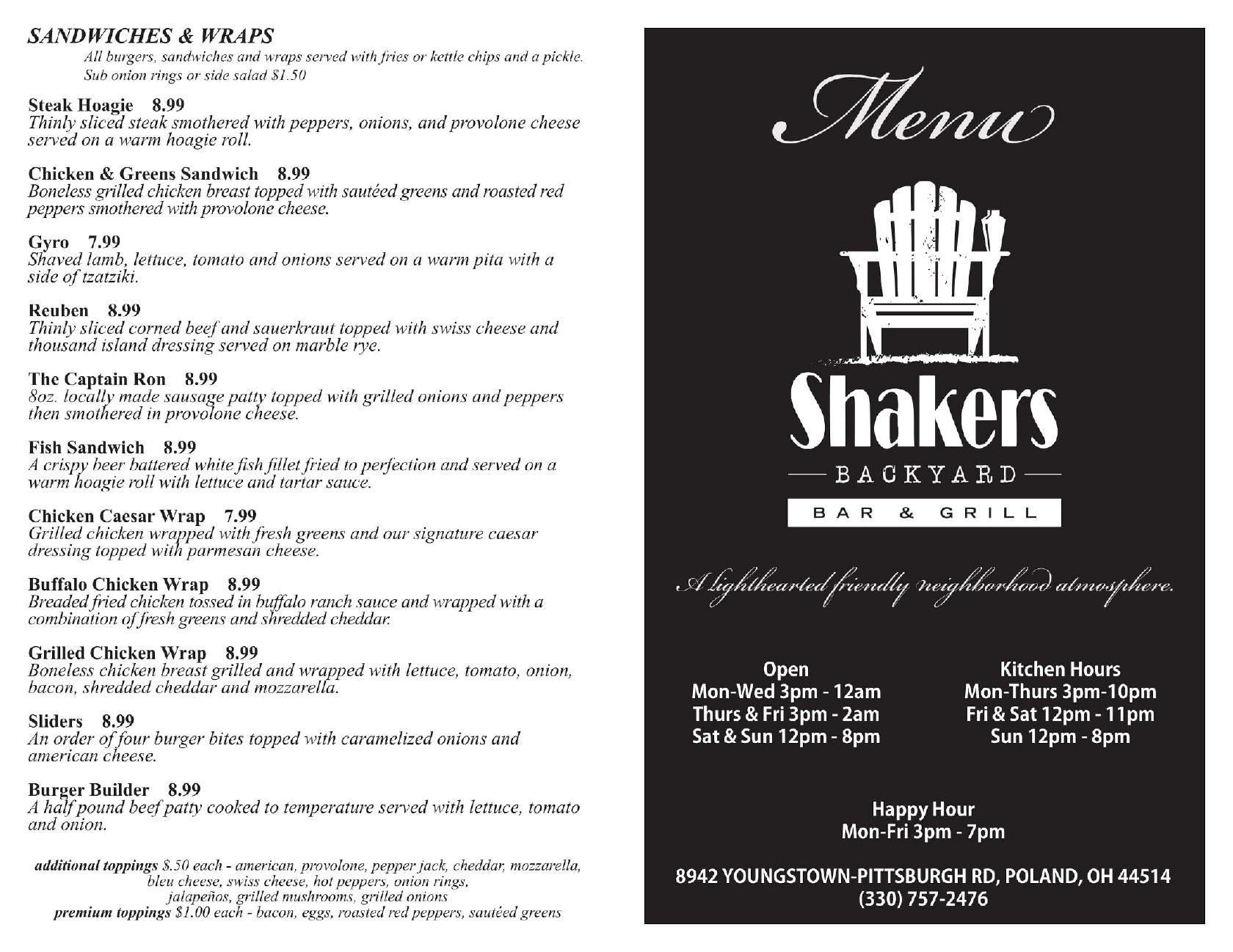 Shakers Backyard Bar And Grill In New Middletown Restaurant Menu And Reviews