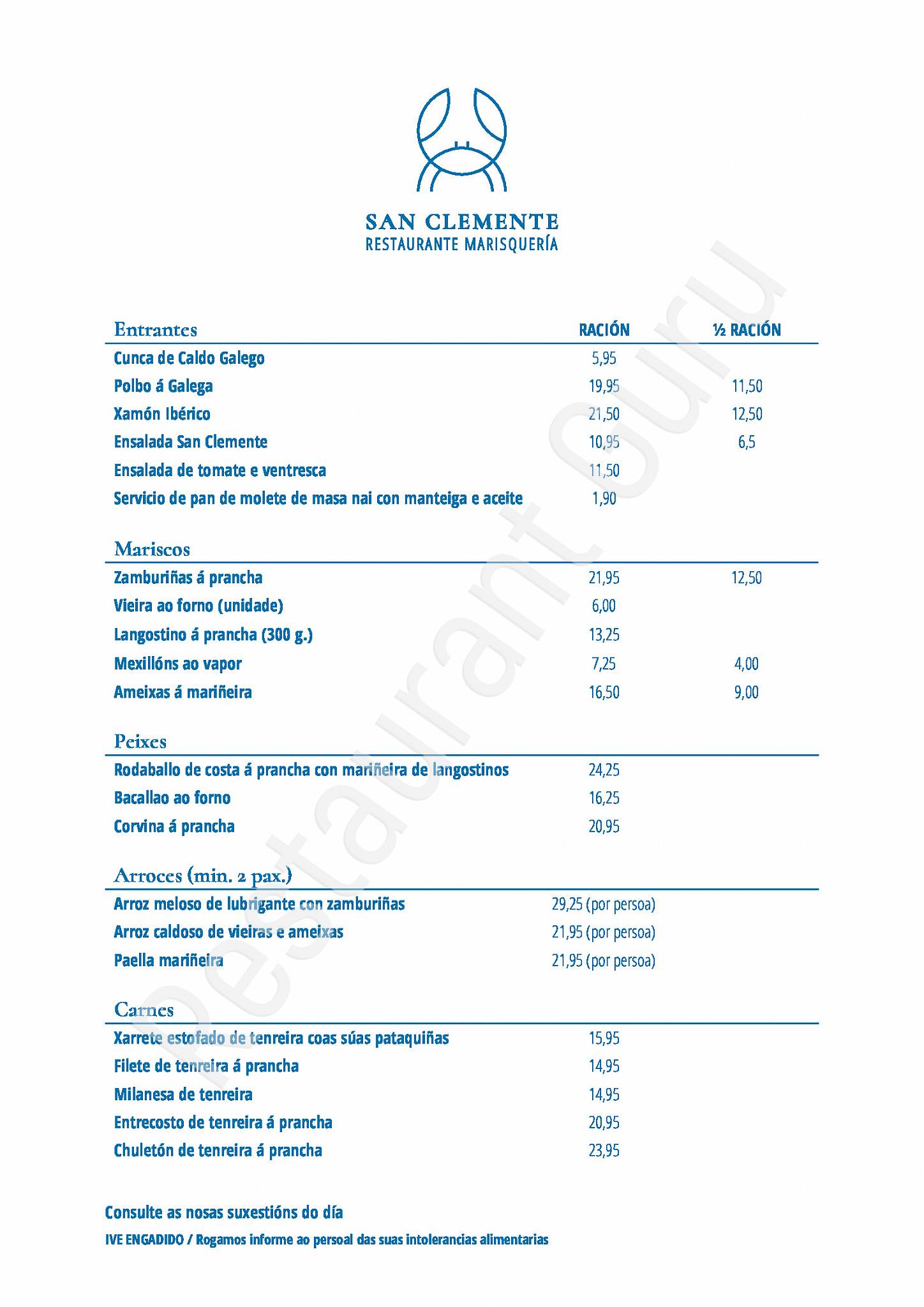 RESTAURANTE SAN CLEMENTE menu