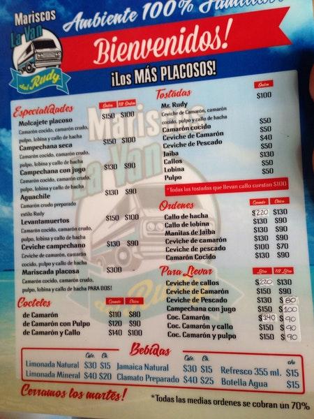 Menu at Mariscos Rudy restaurant, Hermosillo