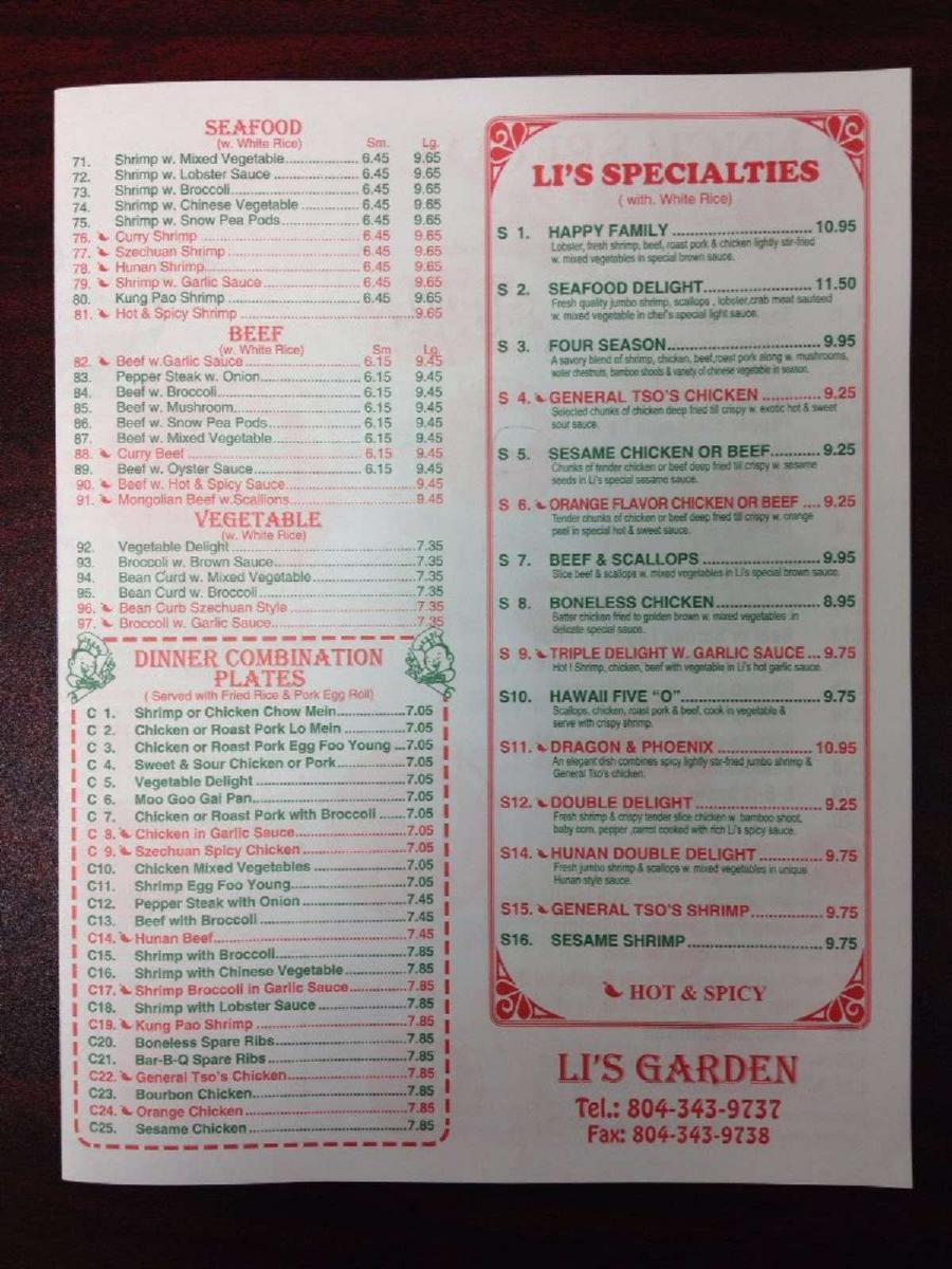 Li S Garden In Richmond Restaurant Menu And Reviews